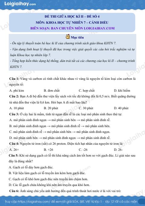 Đề thi giữa kì 2 KHTN 7 Cánh diều - Đề số 4